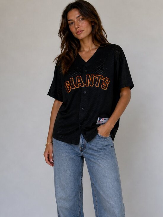 Majestic Tops - Vintage San Francisco Giants Jersey Majestic Black Mesh MLB Button Up Size Small